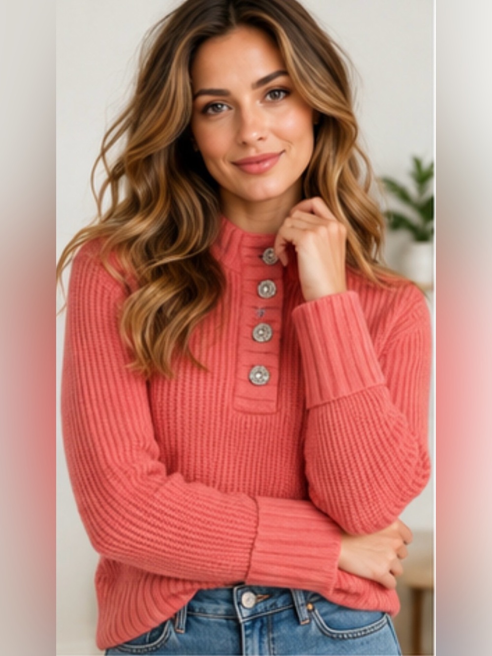 Talbots Coral Pink Jewel Button Henley Sweater Ribbed Cotton Wool Blend